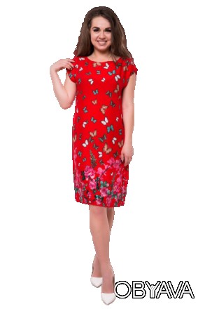 Красное летнее платье полуприталенного кроя с красивым принтом бабочки прекрасны. . фото 1