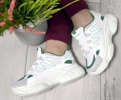Женские кроссовки белые демисезонные на высокой подошве цветные с зелеными встав. . фото 9