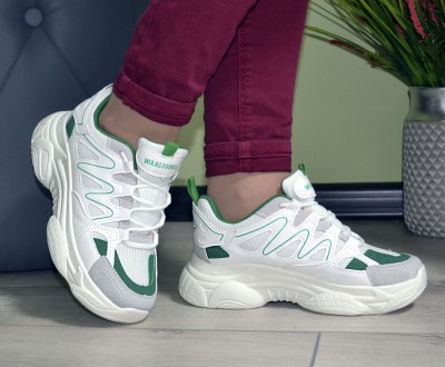 Женские кроссовки белые демисезонные на высокой подошве цветные с зелеными встав. . фото 6