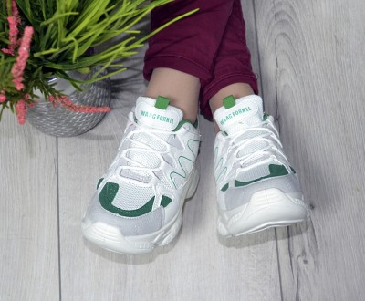 Женские кроссовки белые демисезонные на высокой подошве цветные с зелеными встав. . фото 10