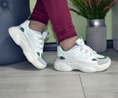 Женские кроссовки белые демисезонные на высокой подошве цветные с зелеными встав. . фото 11