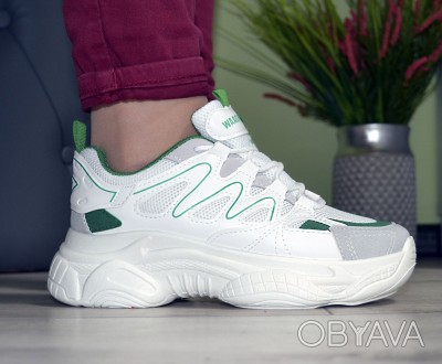 Женские кроссовки белые демисезонные на высокой подошве цветные с зелеными встав. . фото 1