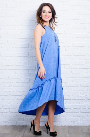 Модное летнее женское платье - асимметрия из льна без рукавов с воланом по низу
. . фото 3