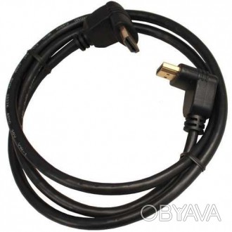 Шнур HDMI, штекер угловой - штекер угловой, Vers.-1,4, диам.-6мм, gold, 1м, чёрн. . фото 1