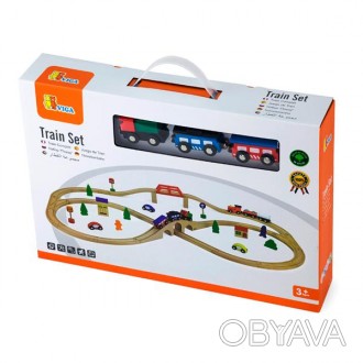 Залізниця від Viga Toys виготовлена з дерева і містить безліч деталей, які урізн. . фото 1