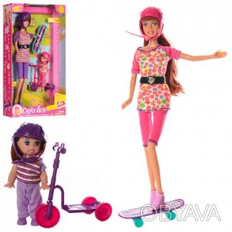Кукла DEFA 8191 (24шт) 30см, с дочкой 10см, самокат, скейт, 2 вида, в кор-ке, 20. . фото 1