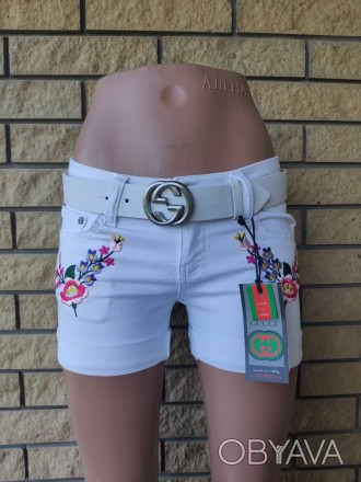 Шорты женские джинсовые брендовые стрейчевые, с ремнем в подарок GUCCHI, Турция,. . фото 1