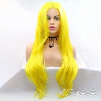 Ярко желтый парик с имитацией кожи головы из термоволос с локонами на Хэллоуин, . . фото 1
