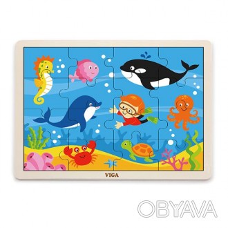 Дерев'яний пазл Viga Toys Океан складається з 16 елементів. Барвистий і простий:. . фото 1