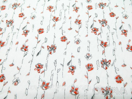  Ткань батист (подкладка) 100% хб молочного цвета "Оранжевые маки" - тонкий и ле. . фото 1