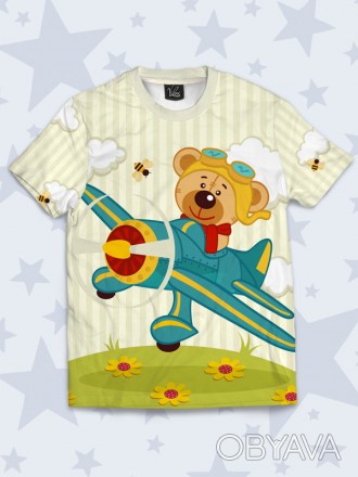 Красочная детская футболка Мишка в самолёте с модным рисунком. Материал: 100% по. . фото 1