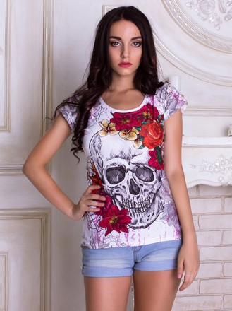Замечательная футболка Skull flowers с необычным принтом. Материал: 100% полиэст. . фото 2