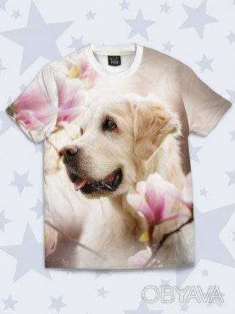 Великолепная футболка Пёс в цветах с оригинальным рисунком. Материал: 100% полиэ. . фото 1