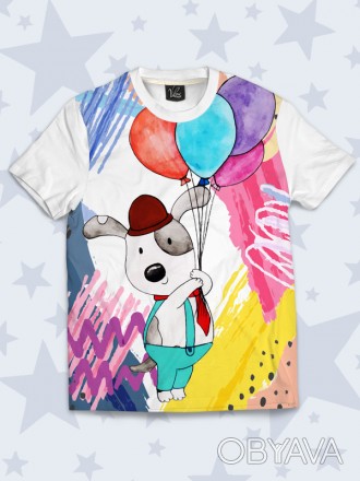 Прикольная футболка Пёс с шариками с красочным рисунком. Материал: 100% полиэсте. . фото 1
