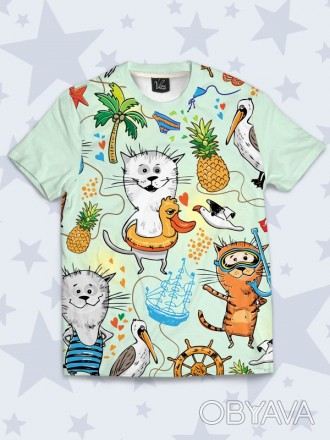 Прекрасная футболка Summer cats с красочным рисунком. Материал: 100% полиэстер.. . фото 1