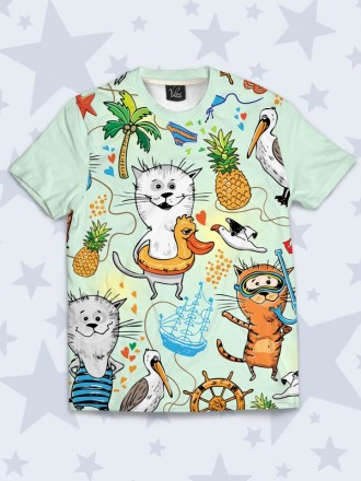 Прекрасная футболка Summer cats с красочным рисунком. Материал: 100% полиэстер.. . фото 2