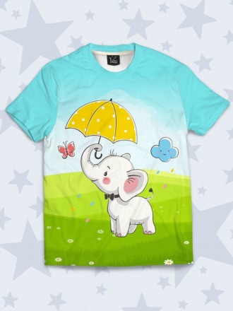 Модная 3D-футболка Слоник с зонтом с милым рисунком. Материал: 100% полиэстер.. . фото 2