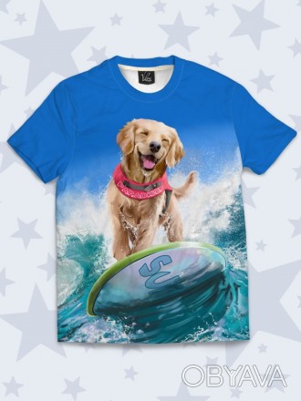 Красочная футболка Пёс-сёрфер с креативным рисунком. Материал: 100% полиэстер.. . фото 1