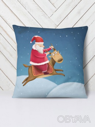 Оригинальная подушка Дед Мороз на олене с прикольным рисунком. Подушка со съемно. . фото 1