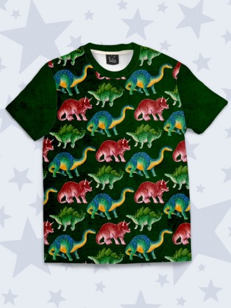 Креативная футболка Цветные динозавры с модным рисунком. Материал: 100% полиэсте. . фото 2