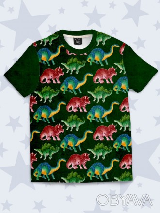 Креативная футболка Цветные динозавры с модным рисунком. Материал: 100% полиэсте. . фото 1