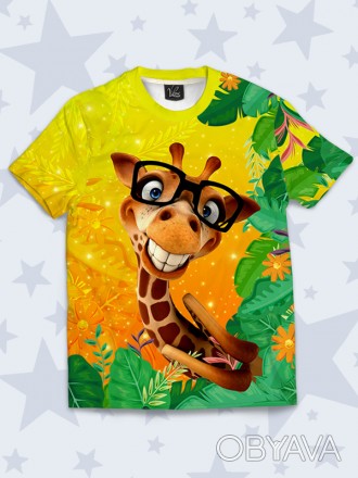 Милая футболка Жираф в очках с ярким 3D-рисунком. Материал: 100% полиэстер.. . фото 1