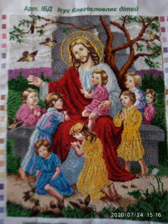 Ікона з чеського бісеру ручної роботи (Ісус благословляє дітей).Розмір вишиваног. . фото 3