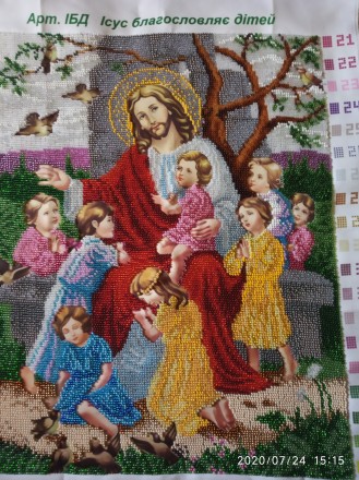 Ікона з чеського бісеру ручної роботи (Ісус благословляє дітей).Розмір вишиваног. . фото 2
