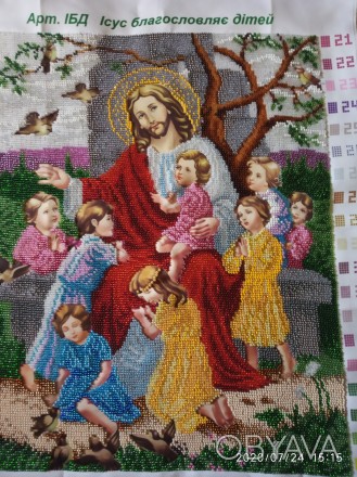 Ікона з чеського бісеру ручної роботи (Ісус благословляє дітей).Розмір вишиваног. . фото 1