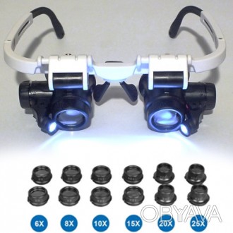 NO.9892H-3 лупа-очки бинокулярные c LED подсветкой, 6 сменных линз, пластик: 6.0. . фото 1