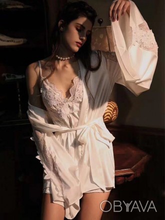 Сексуальный, шелковый халат+пеньюар в белом цвете. Халат на запах из тонкого атл. . фото 1