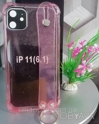 Силиконовый чехол для IPhone 11 прозрачный розовый блестки с кольцом и держателе. . фото 1