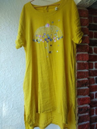 Изумительное платье-туника, 100% лен, яркое, цвет насыщенный желтый, Замеры-груд. . фото 2