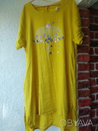 Изумительное платье-туника, 100% лен, яркое, цвет насыщенный желтый, Замеры-груд. . фото 1