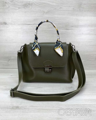 Женская городская сумка оливкового цвета небольшая с плечевым ремнем выполнена и. . фото 1