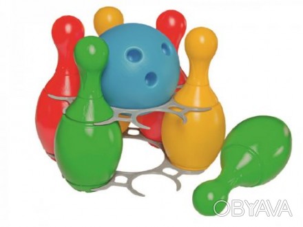 Набор для игры в боулинг состоит из 6 ярких пластиковых кеглей и шара для боулин. . фото 1