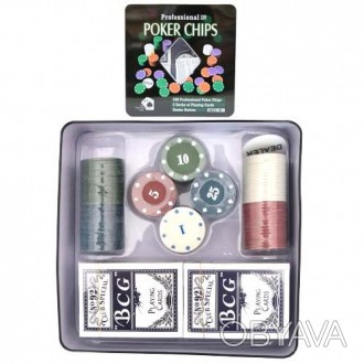 Набор для покера "Poker Chips". Набор включает 2 колоды карт и набор игровых фиш. . фото 1