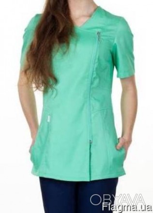 Женская медицинская куртка мятная Дана с коротким рукавом, смещенная застежка на. . фото 1