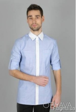 Мужская рубашка официанта голубого цвета с белой отделкой, отложной воротник, ру. . фото 1