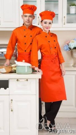 Поварская униформа оранжевого цвета состоит с колпака повара, кителя, брюк и фар. . фото 1