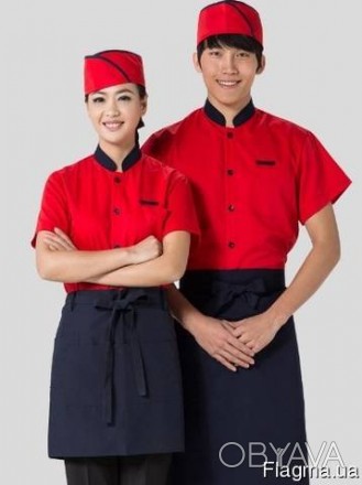 Униформа для повара 
Китель однобортный красного цвета с черным с воротником сто. . фото 1