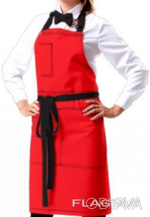 Фартук для официанта красного цвета с двумя боковыми карманами сбоку и карманом . . фото 1