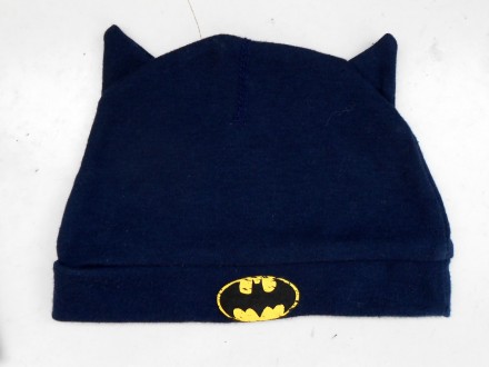 Детская синяя тонкая трикотажная шапочка Бетмен с ушками и логотипом Batman. В н. . фото 2
