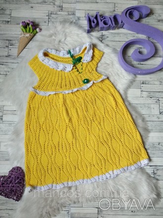 Платье на девочку желтое ажурное вязаное крючком 
Состояние: б/у, в идеальном со. . фото 1