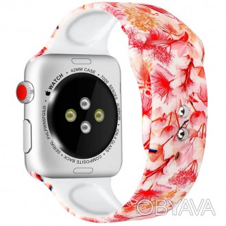 Силиконовый ремешок с рисунком для Apple watch 42mm / 44mm (Белый / Розовые цвет. . фото 1