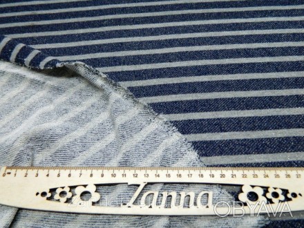Ткань двунитка петля в крупную темно-синюю и мелкую серую полосу "Багира". . фото 1