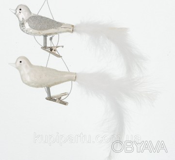 Декоративная подвеска "Птица" с клипсой изготовлена из стекла белого и серебряно. . фото 1