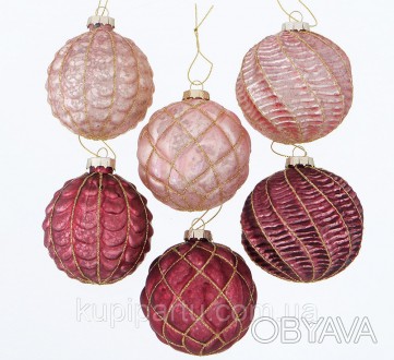 Набор новогодних шаров из 6-ти шт., сделан из стекла двух цветов пудра (розового. . фото 1