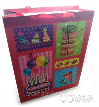 Пакет подарочный картонный с аппликацией "Happy Birthday" (30х38х12 см). . фото 1