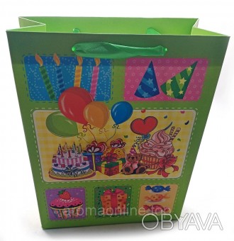 Пакет подарочный картонный с аппликацией "Happy Birthday" (18х23х8 см). . фото 1